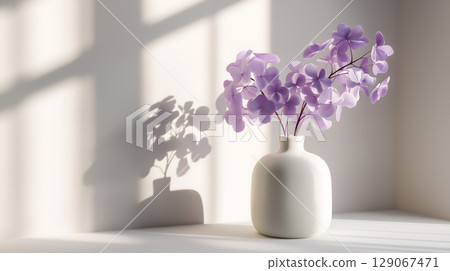 Ceramic vase with single flower arrangement casts soft shadow, creating serene atmosphere in bright room 129067471