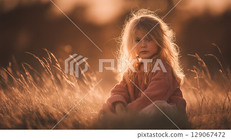 Child sitting in field during golden hour, surrounded by soft grass and warm light, evokes sense of tranquility and wonder 129067472