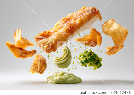 Deconstructed fish and chips featuring crispy fish fillet, golden potato chips, and vibrant green sauces create visually appealing dish 129067486