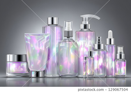 Premium beauty products with holographic packaging create stunning visual display, showcasing elegance and modern design 129067504