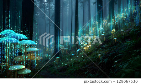 Mystical forest scene featuring glowing mushrooms surrounded by tall trees and ethereal light effects. atmosphere is enchanting and serene 129067530
