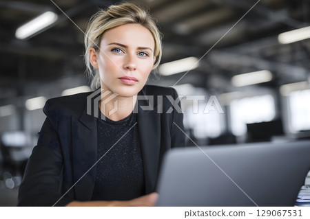 Dedicated female executive concentrated on laptop work, showcasing professionalism and focus in modern office environment 129067531