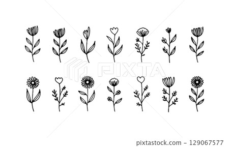 Minimalistic set of blooming twigs. Set with delicate flowers and thin curved stems. Minimalistic set of blooming twigs. Set with delicate flowers and thin curved stems. 129067577