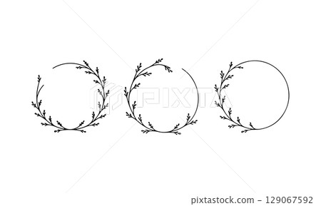 Clean Circle Frames with Leaves. Three hand drawn botanical rings with simple natural twigs in modern outline style. 129067592