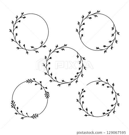 Botanical Circle Wreath Set. A group of five hand drawn round floral frames made with elegant leafy twigs. Botanical Circle Wreath Set. A group of five hand drawn round floral frames made with elegant leafy twigs. 129067595