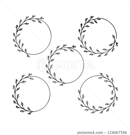 Minimal Leafy Circle Frame Set. This set includes four round botanical frames with elegant hand drawn twigs and clean lines perfect for modern designs. 129067596