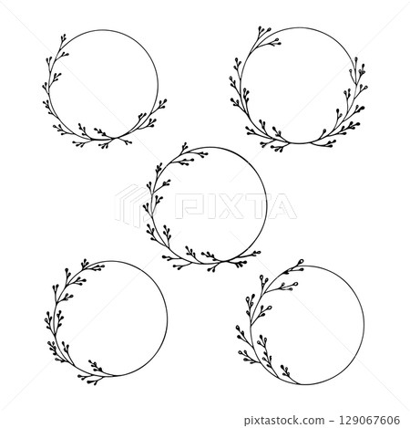Delicate Botanical Circle Frames. A group of six thin leafy wreaths with minimalist twigs and natural outlines. 129067606