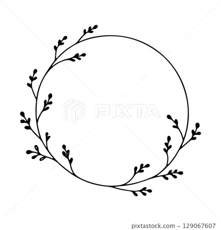 Circle Frame with Leafy Accents. A single round wreath made of delicate twigs forming a light and airy botanical frame. 129067607