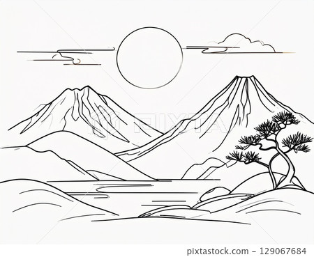 用一根線條畫出的風景，極簡的構圖如同禪宗畫作，藝術，美麗 129067684