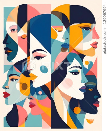 藝術而美麗的構圖，人物的臉部和身體以幾何方式重建，平面構圖和移動視角的融合 129067694