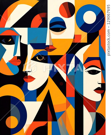 藝術而美麗的構圖,人物的臉部和身體以幾何方式重建,平面構圖和移動視角的融合 藝術而美麗的構圖,人物的臉部和身體以幾何方式重建,平面構圖和移動視角的融合 129067695