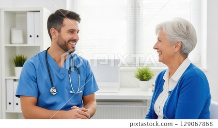Friendly Nurse and Elderly Patient in Medical Office - AI generated 129067868