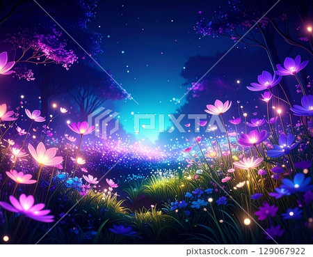 A mysterious garden filled with fantastic flowers, shining in the night light, and ultra-delicate 129067922