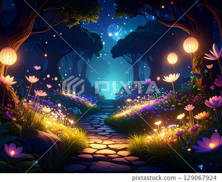 A mysterious garden filled with fantastic flowers, shining in the night light, and ultra-delicate A mysterious garden filled with fantastic flowers, shining in the night light, and ultra-delicate 129067924