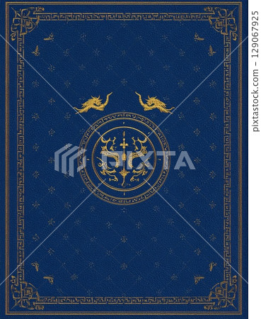 Leather-like background imitating the cover of an ancient book, with a seal mark in the center, gold horn decorations and a dragon pattern Leather-like background imitating the cover of an ancient book, with a seal mark in the center, gold horn decorations and a dragon pattern 129067925