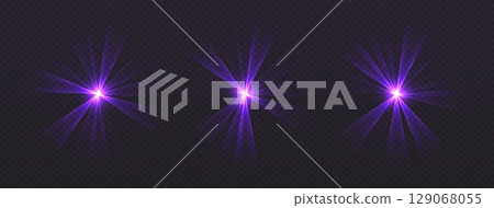 Party laser beams, purple disco show spotlights, concert stage lights. Glowing show lasers. Magic rays for a dance party. 129068055