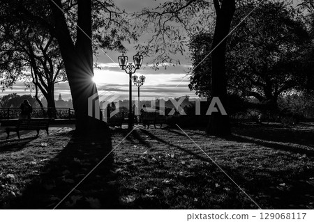 Black and White Autumn Park Scene at Sunset with Starburst Sun and Benches 129068117