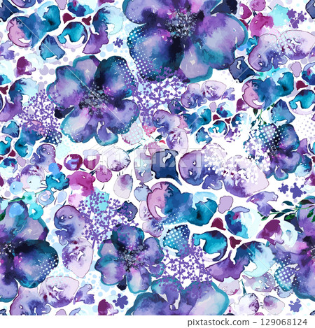 Blue and purple watercolor flowers seamless pattern. hand drawing. Not AI, Vector illustration Blue and purple watercolor flowers seamless pattern. hand drawing. Not AI, Vector illustration 129068124