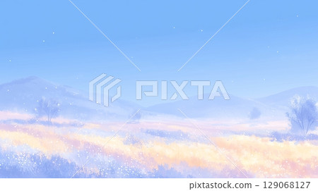 A fantasy landscape of blue sky and spring grassland, with soft light swaying A fantasy landscape of blue sky and spring grassland, with soft light swaying 129068127