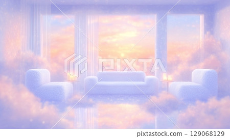 Living room floating in a sea of clouds, modern sofa and candles 129068129