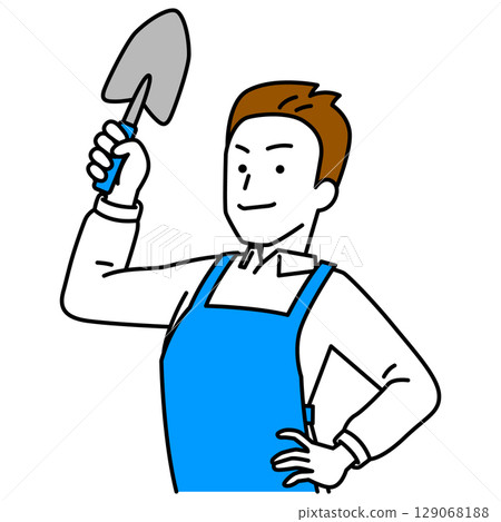A man in an apron holding a shovel A man in an apron holding a shovel 129068188