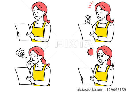 A woman in an apron looking at documents Set 129068189