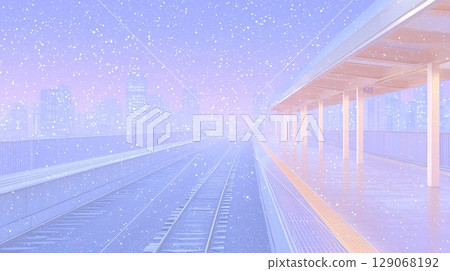 Snowy city elevated station platform, distant view of buildings and white railroad tracks 129068192