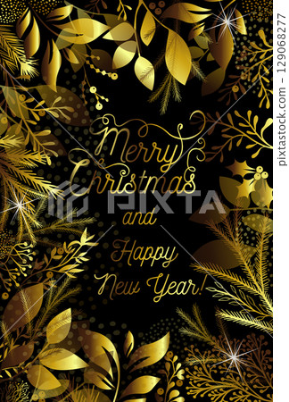 Golden Christmas card with twigs. hand drawn. Not AI, Vector illustration 129068277