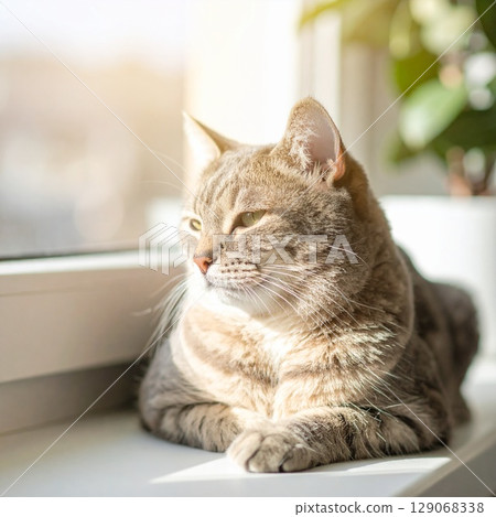 Cat basking in the sun on the windowsill 129068338