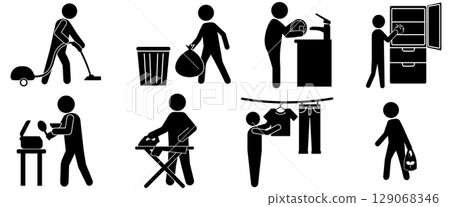 Pictogram set of people doing household chores 129068346