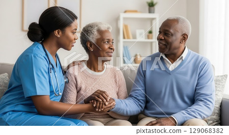 Caregiver with Elderly Couple in Cozy Living Room - Ai Generated 129068382