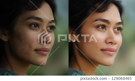 A young Asian woman with textured skin and severe acne is captured in natural light. She appears thoughtful, showcasing her unique beauty against a blurred green background. A young Asian woman with textured skin and severe acne is captured in natural light. She appears thoughtful, showcasing her unique beauty against a blurred green background. 129068465