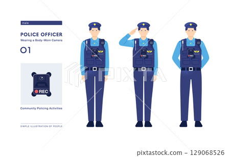 Police officers engaged in local policing activities Vector full-body illustration set of police officers wearing wearable cameras Police officers engaged in local policing activities Vector full-body illustration set of police officers wearing wearable cameras 129068526