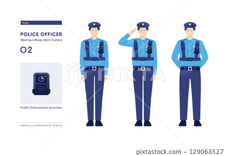 一群警察在胸前佩戴可穿戴攝影機進行交通執法活動的向量插圖 129068527