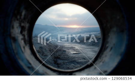 The view from inside a tank reveals a stunning sunset illuminating the rugged landscape. Cold earth and distant hills frame the horizon, enhancing the moment's intensity. The view from inside a tank reveals a stunning sunset illuminating the rugged landscape. Cold earth and distant hills frame the horizon, enhancing the moment's intensity. 129068534