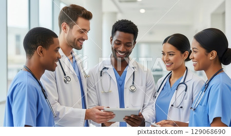 Diverse Healthcare Professionals Collaborating Over Tablet - Ai Generated 129068690