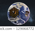 Earth appears suspended in space as two spacecraft hover in the foreground: one resembling the segmented mirror and platform of the JWST, the other a satellite-like probe. Stars fill the backdrop, 129068772