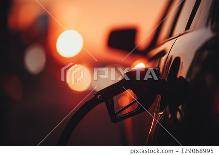 Modern Car Charging at Solar Powered Station During Breathtaking Sunset 129068995