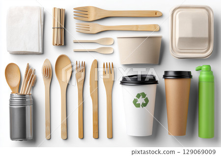 Eco-Friendly Kitchen Setup with Bamboo Utensils and Zero Waste Food Containers and Napkins 129069009