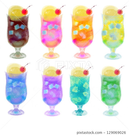 Set of 8 colorful cream sodas in long, narrow glasses 129069026