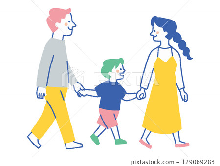 A close family of three walking hand in hand_Color 129069283