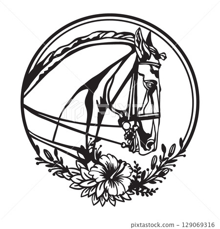 Spanish horse head in bridle with flowers black and white vector Spanish horse head in bridle with flowers black and white vector 129069316