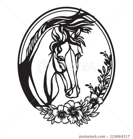 Horse with long mane and flowers black and white vector Horse with long mane and flowers black and white vector 129069317
