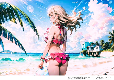 度假勝地的大海和時尚比基尼女人的背影 129069382