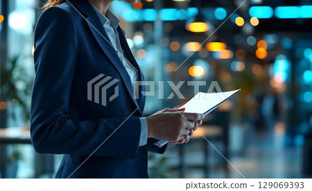 Business, people and technology concept - close up of businesswoman with tablet pc computer in office Business, people and technology concept - close up of businesswoman with tablet pc computer in office 129069393