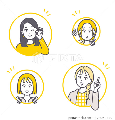 Illustration of a young woman announcing in various poses Illustration of a young woman announcing in various poses 129069449