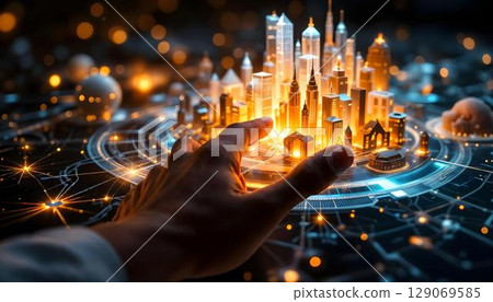 Businessman on blurred background using holographic city model 3D rendering 129069585