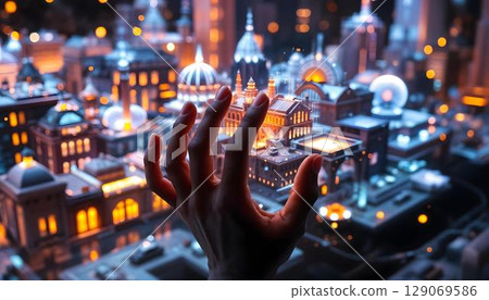 Hand of a man touching the city at night. 3d rendering 129069586