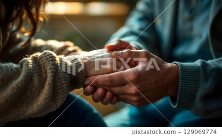 Close up of young couple holding hands and looking at each other 129069774
