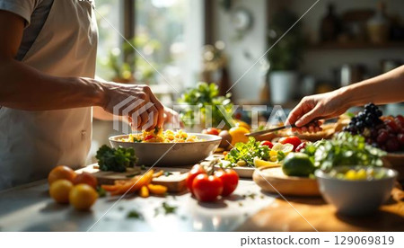 Close-up of female hands cooking healthy food in the kitchen Close-up of female hands cooking healthy food in the kitchen 129069819